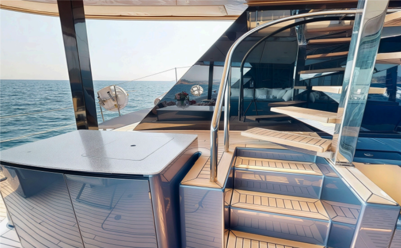 CATALLAXY aft deck stairs and bar