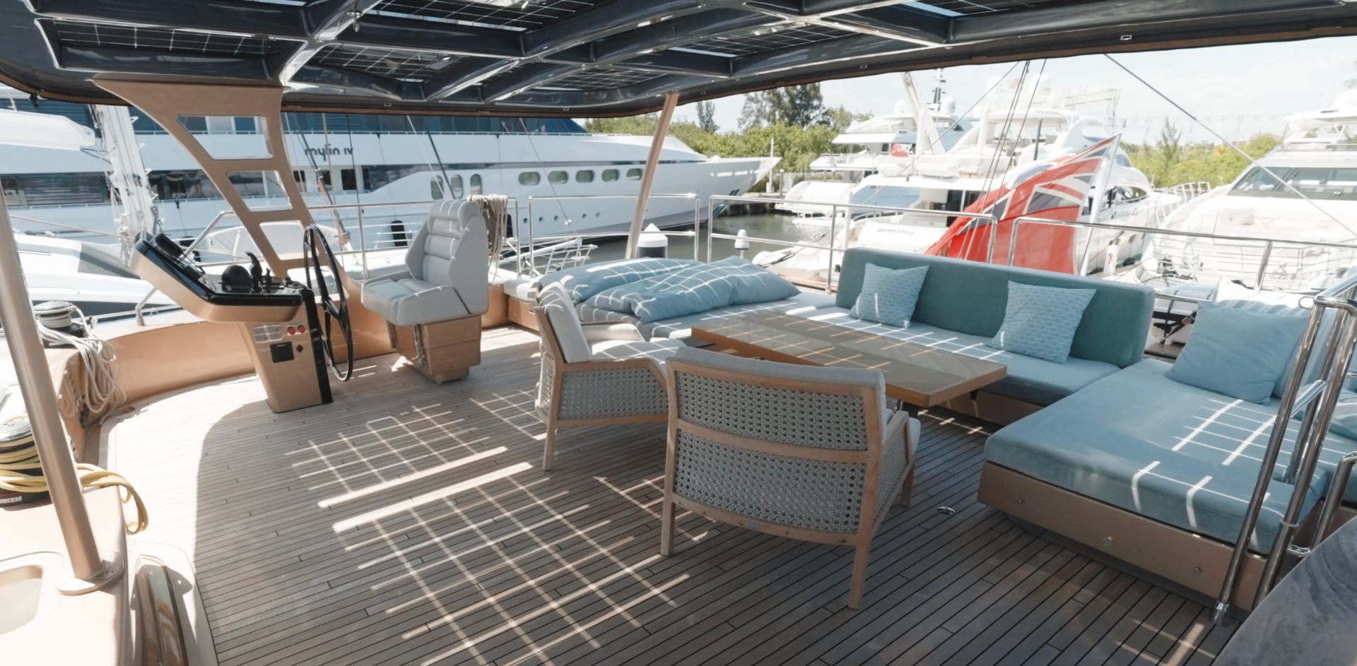 CATALLAXY flybridge helm and lounge area