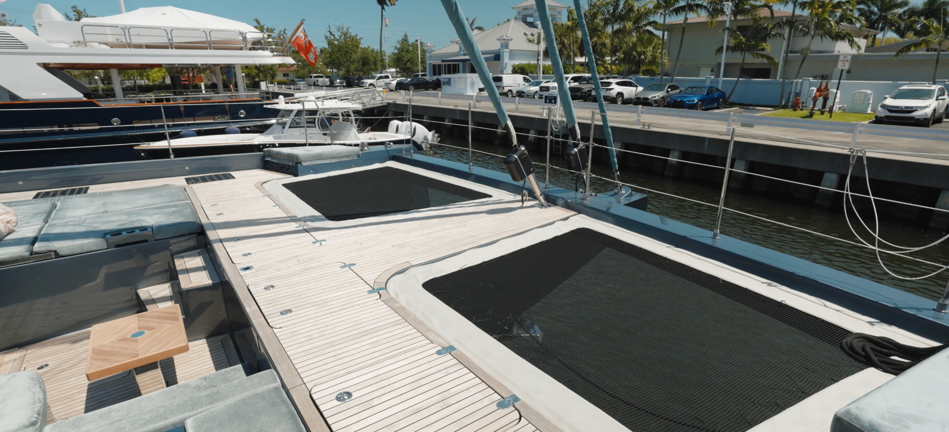 CATALLAXY foredeck trampolines dockside view